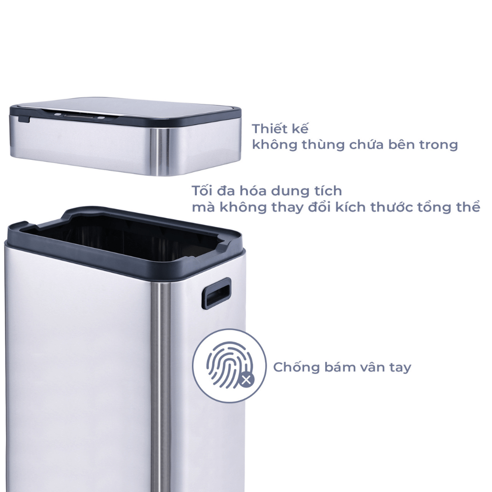 Thùng rác cảm ứng ELPHECO nắp inox 30L/40L có thùng rác rời bên trong & khử mùi ozone, nhiều màu
