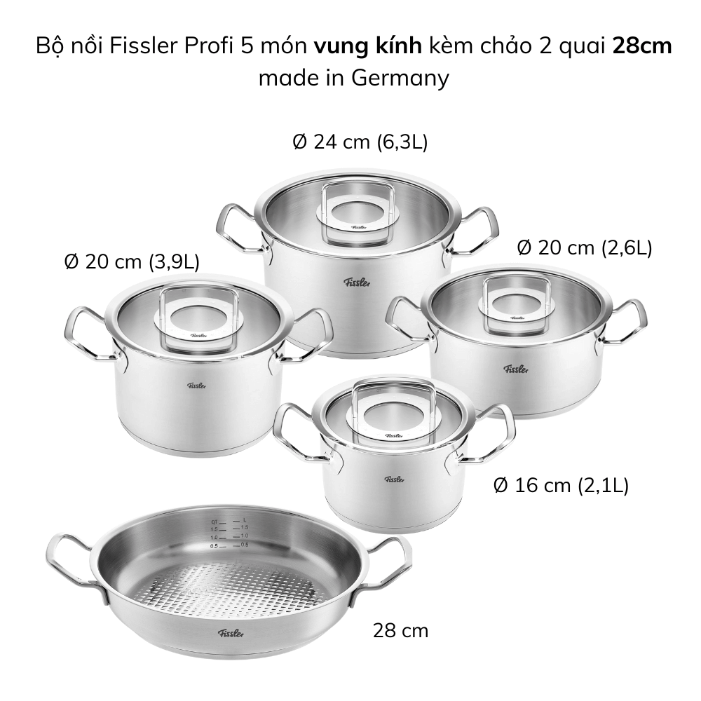 Bộ nồi Fissler Profi 5 món kèm chảo inox 2 quai Profi 24/28cm made in Germany