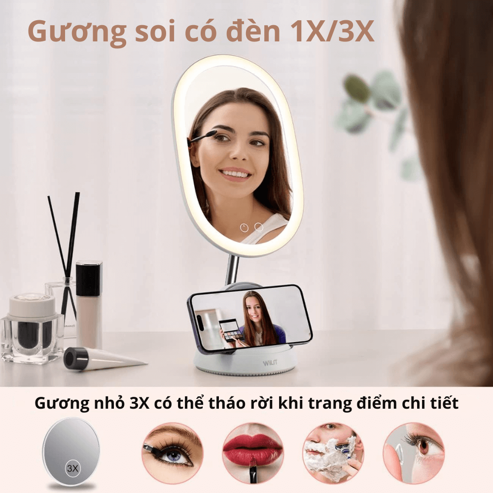 Gương trang điểm cảm ứng tích hợp đèn LED kèm sạc không dây WILIT QU10AM cao cấp