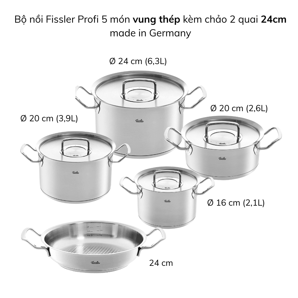 Bộ nồi Fissler Profi 5 món kèm chảo inox 2 quai Profi 24/28cm made in Germany