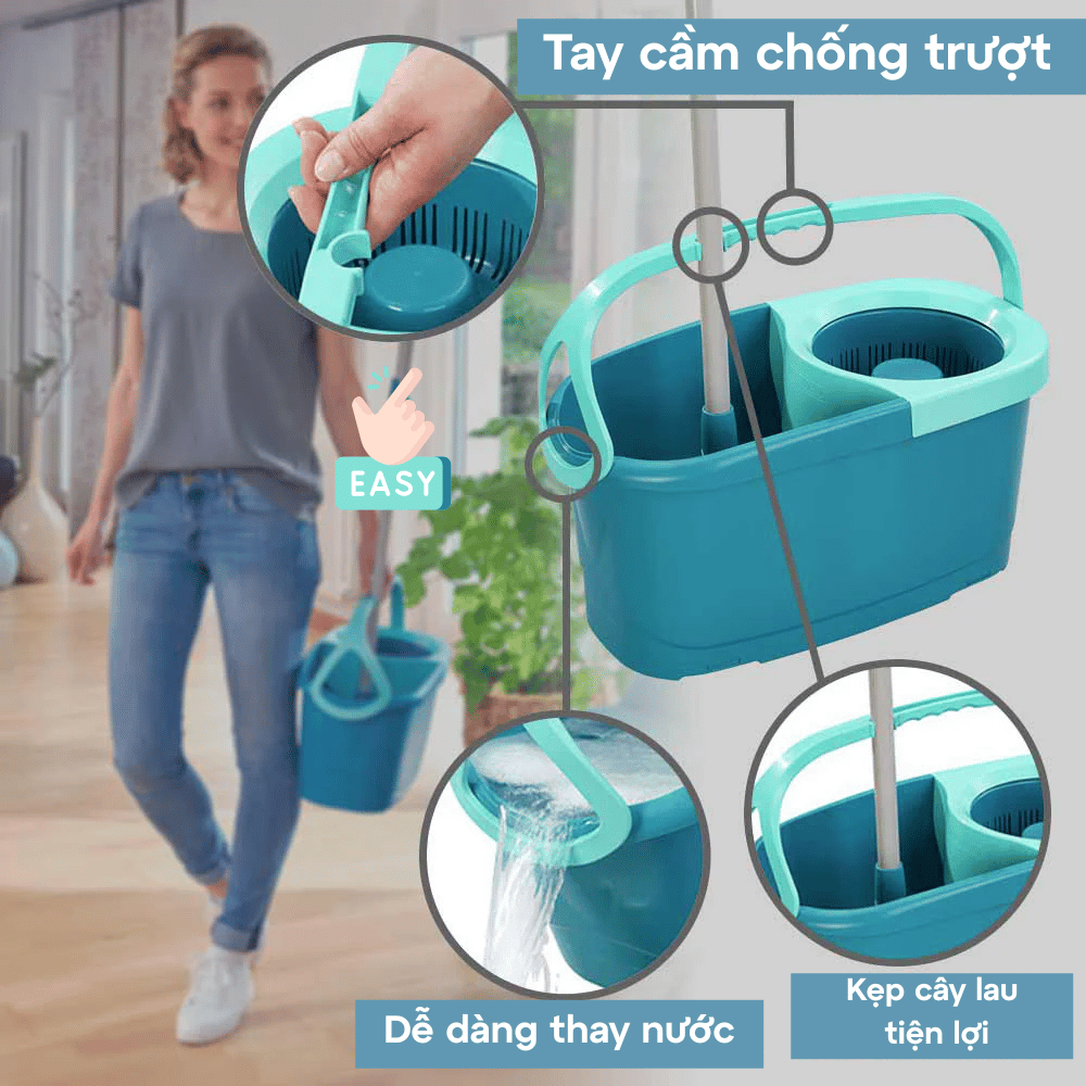 Cây lau nhà Leifheit Twist Ergo kèm gạt kính made in EU bản Turbo