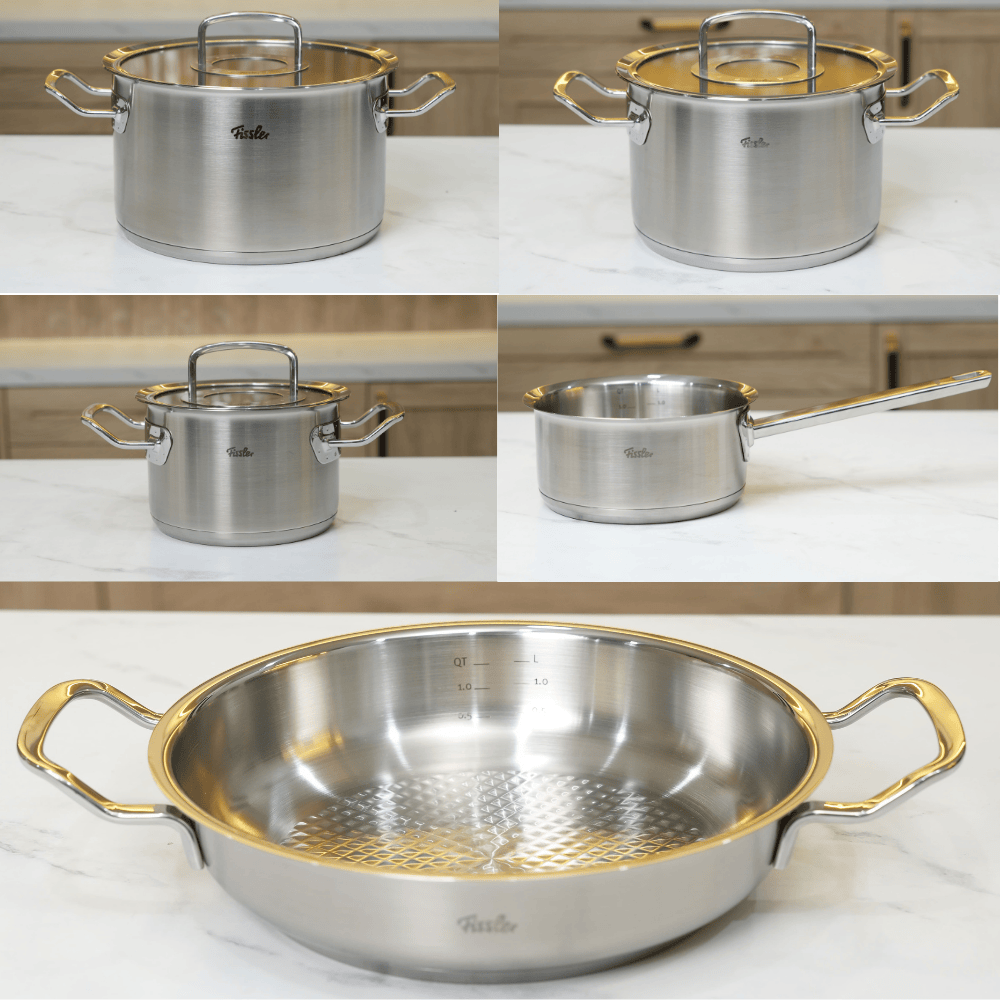 Bộ nồi Fissler Profi 5 món kèm quánh và chảo inox 2 quai 24/28cm made in Germany