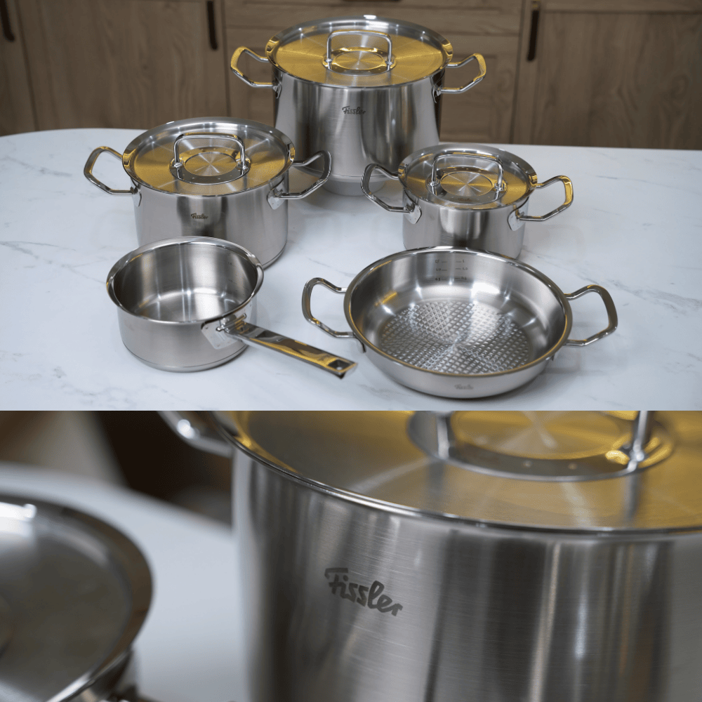 Bộ nồi Fissler Profi 5 món kèm quánh và chảo inox 2 quai 24/28cm made in Germany