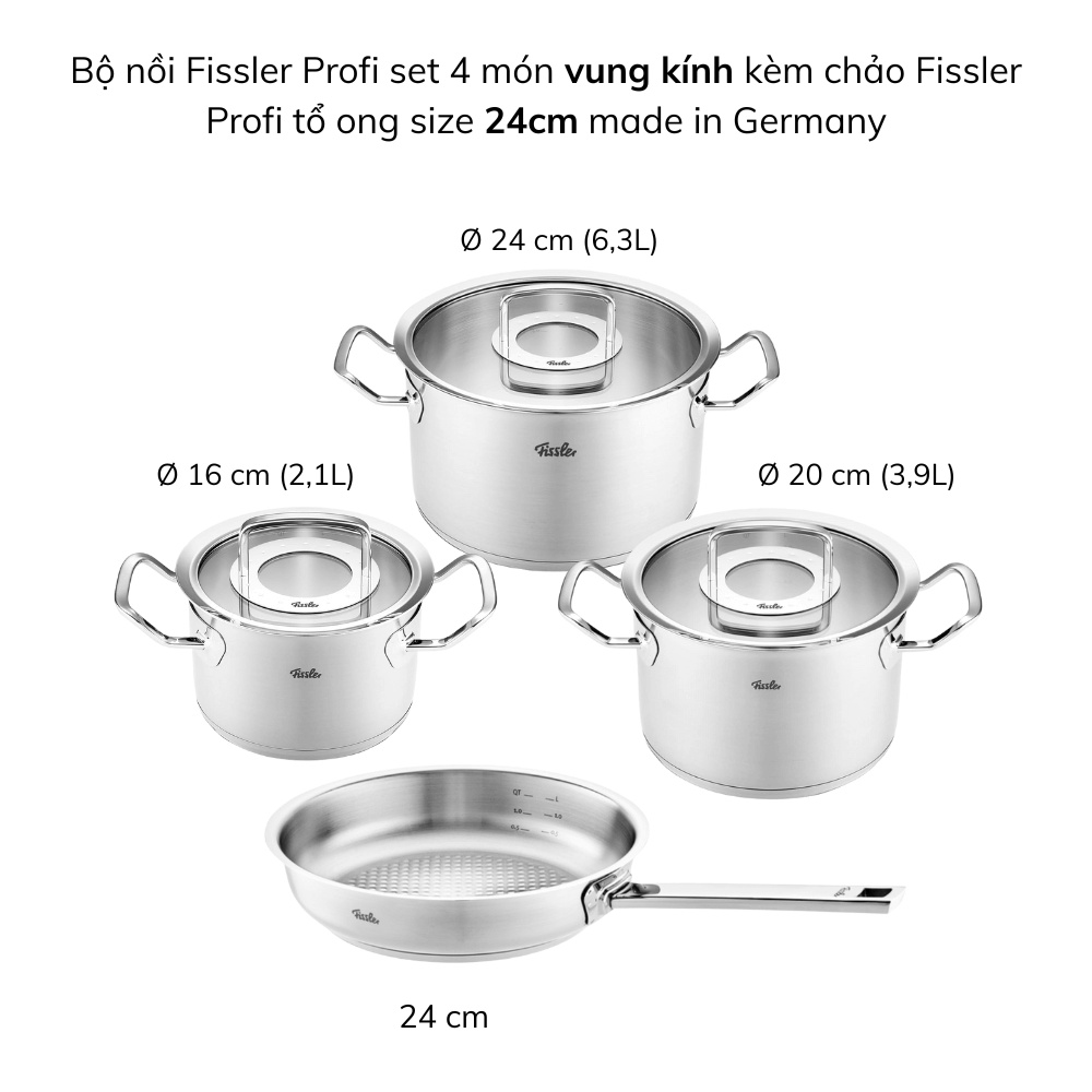 Bộ nồi Fissler Profi set 4 món vung kính kèm chảo Fissler Profi tổ ong size 24cm made in Germany