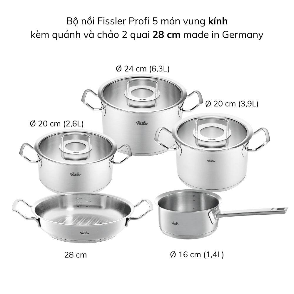 Bộ nồi Fissler Profi 5 món kèm quánh và chảo inox 2 quai 24/28cm made in Germany