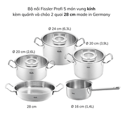 Bộ nồi Fissler Profi 5 món kèm quánh và chảo inox 2 quai 24/28cm made in Germany