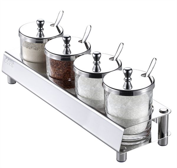 Set 4 lọ thủy tinh đựng gia vị kèm kệ inox CCKO CK9983 cao cấp