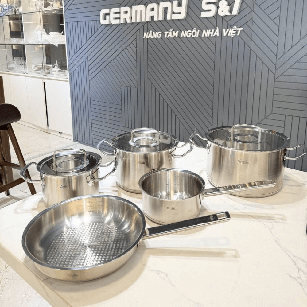Bộ nồi Fissler Profi set 5 vung kính siêu cao cấp kèm quánh và chảo inox Profi 24/28cm made in Germany