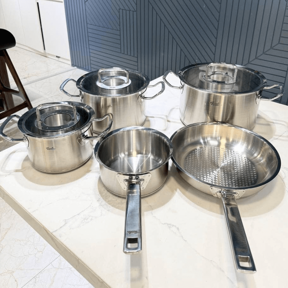 Bộ nồi Fissler Profi set 5 vung kính siêu cao cấp kèm quánh và chảo inox Profi 24/28cm made in Germany