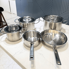 Bộ nồi Fissler Profi set 5 vung kính siêu cao cấp kèm quánh và chảo inox Profi 24/28cm made in Germany