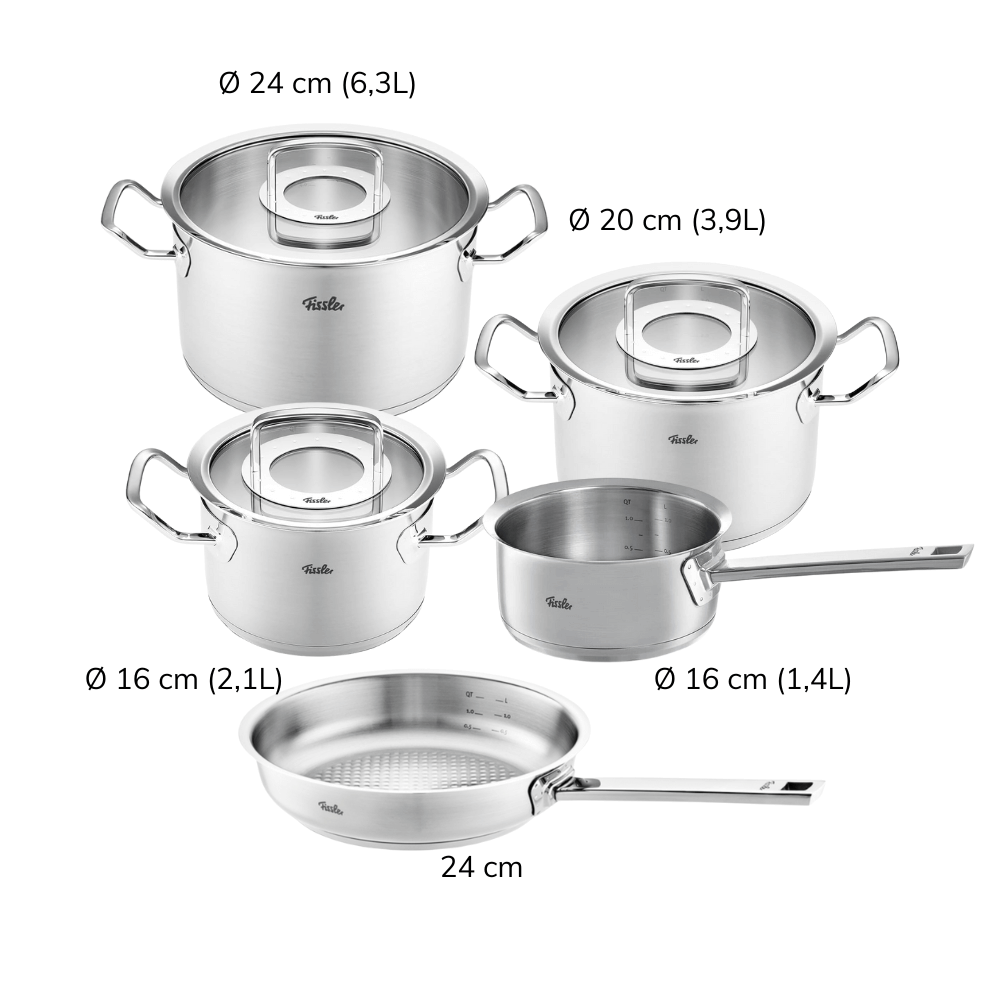 Bộ nồi Fissler Profi set 5 vung kính siêu cao cấp kèm quánh và chảo inox Profi 24/28cm made in Germany