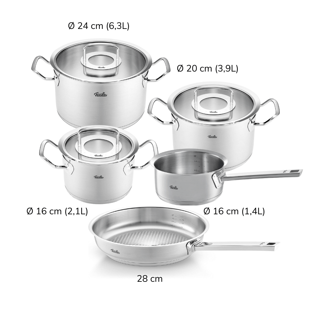 Bộ nồi Fissler Profi set 5 vung kính siêu cao cấp kèm quánh và chảo inox Profi 24/28cm made in Germany