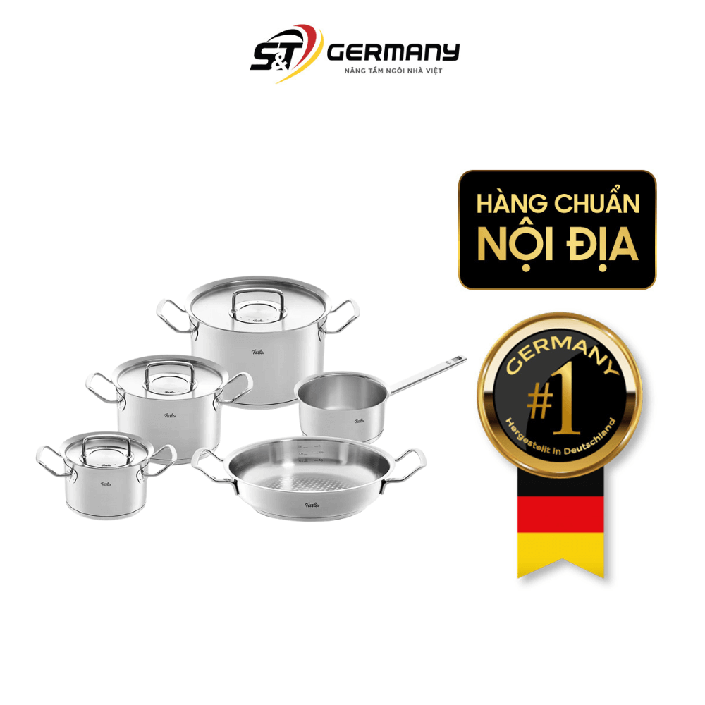 Bộ nồi Fissler Profi 5 món vung thép kèm quánh và chảo inox 2 quai 24/28cm made in Germany