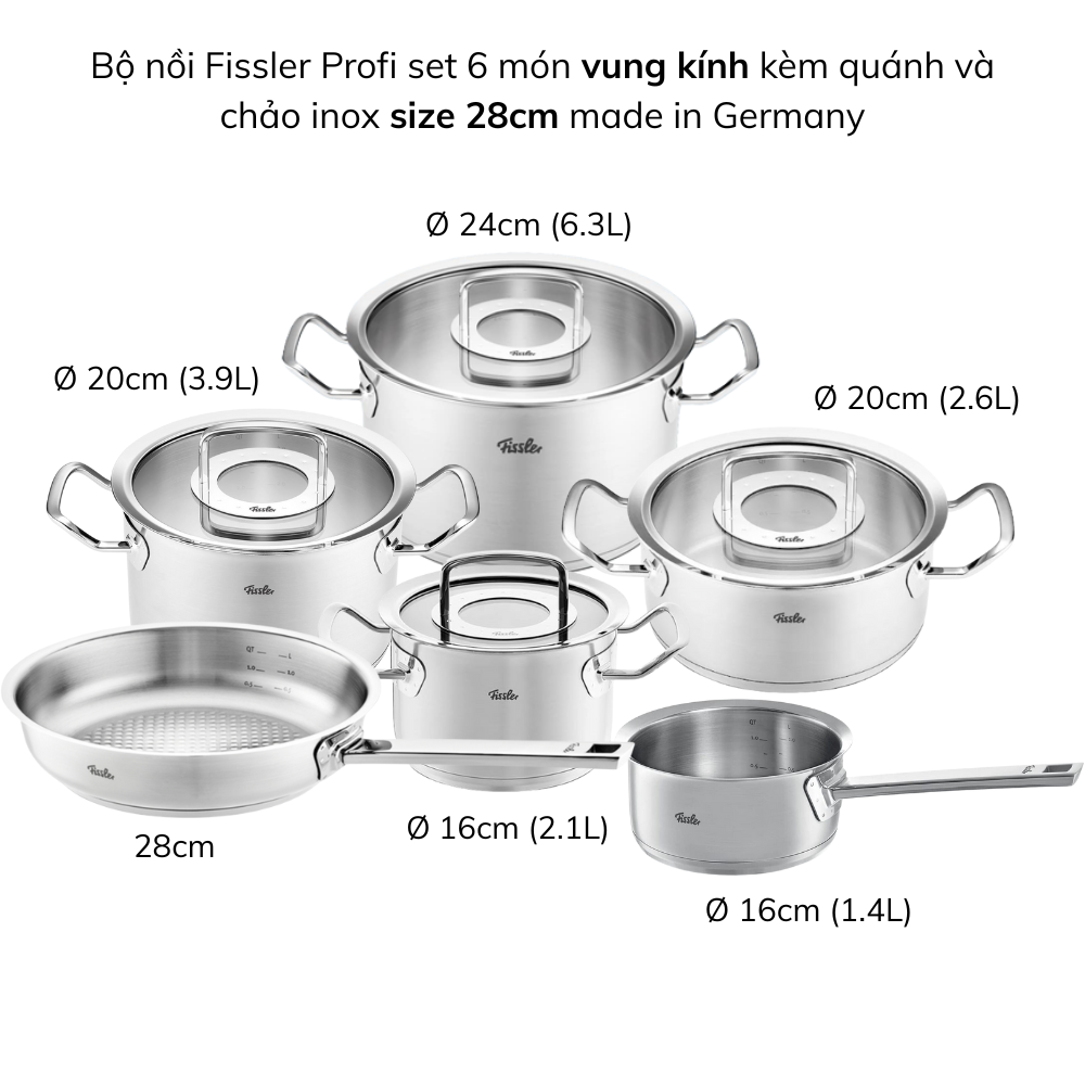 Bộ nồi Fissler Profi set 6 món kèm quánh và chảo inox Profi made in Germany