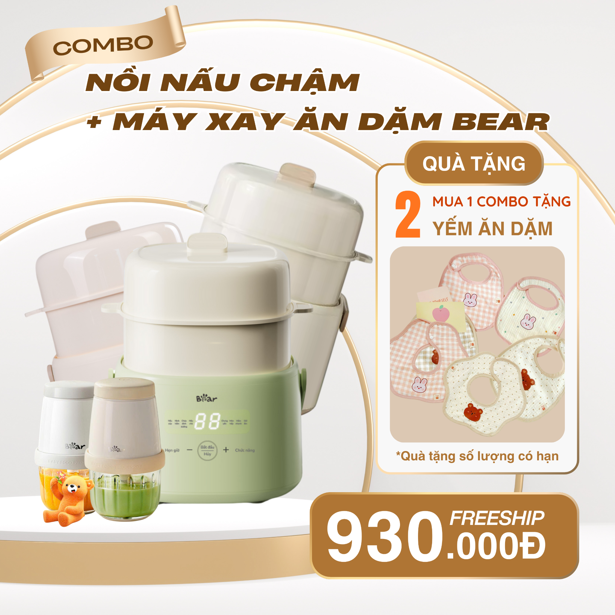  Combo Nồi Nấu Chậm Bear SC-4H10E + Máy Xay Ăn Dặm 8 Lưỡi Bear CH-5H02D24 