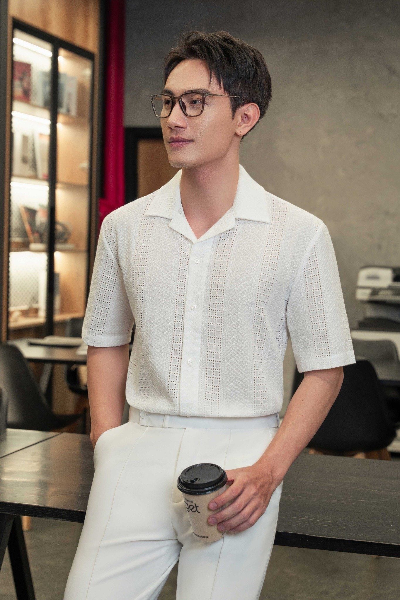 ÁO SƠ MI CỘC TAY CT25, TRẮNG HỌA TIẾT DỆT KIM - SNC029