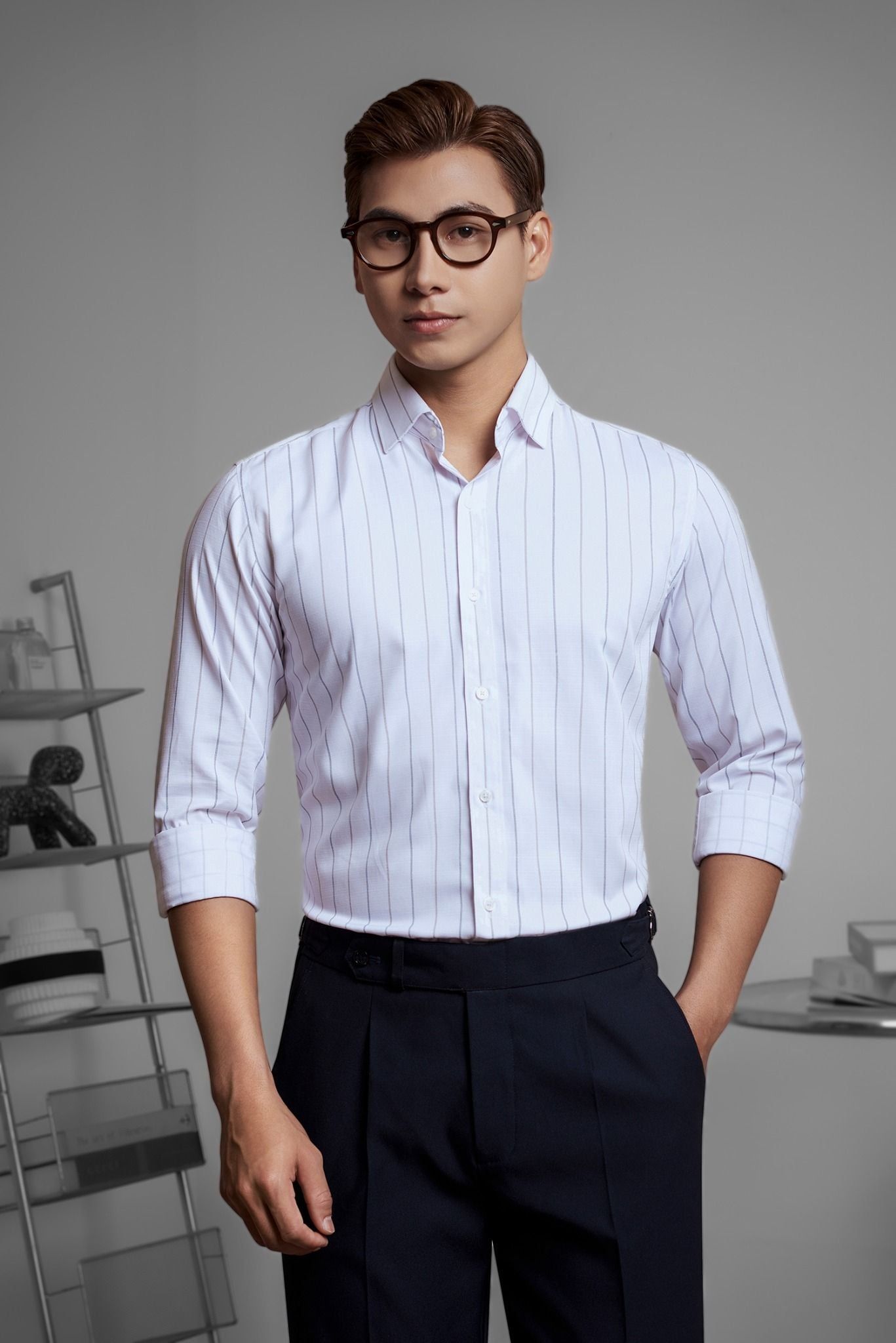  Sơ mi trắng sọc đen nâu - SDTTK0040T - 48 