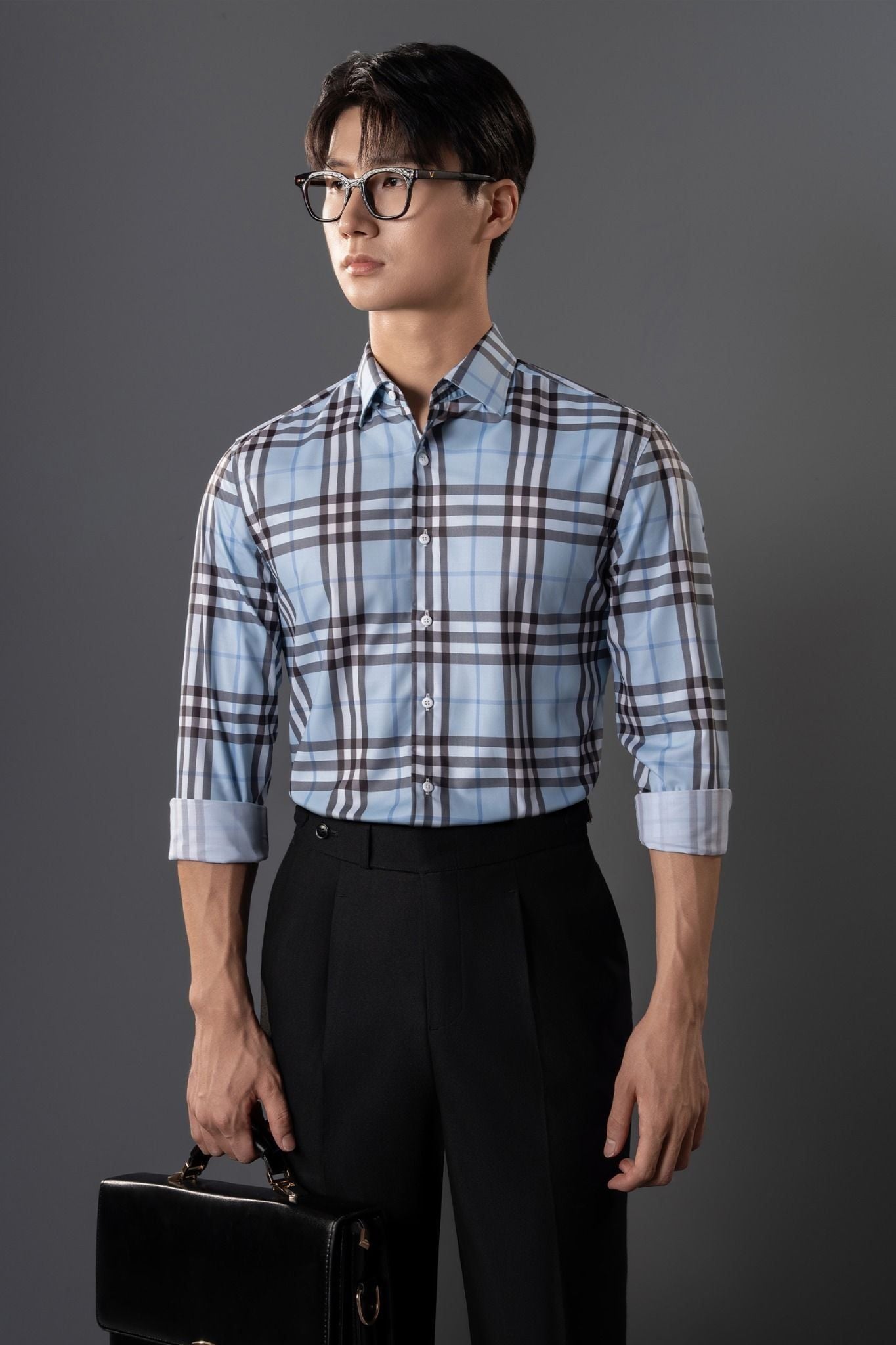 ÁO SƠ MI TAY DÀI XANH PASTEL, KẺ VUÔNG - SMC168X