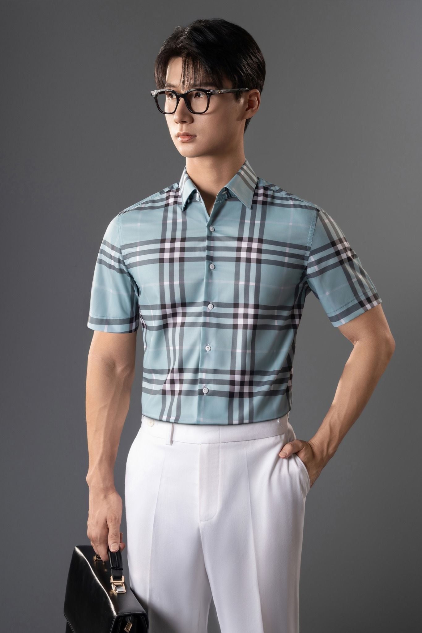 ÁO SƠ MI CỘC TAY CT24, XANH PASTEL KẺ VUÔNG - SNC023