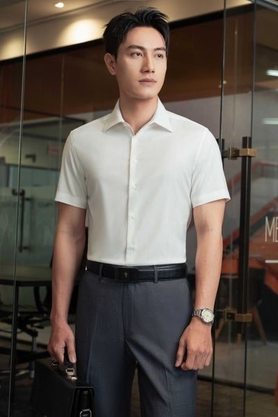  ÁO SƠ MI CỘC TAY, TRẮNG KẺ CHÌM - SNC038 