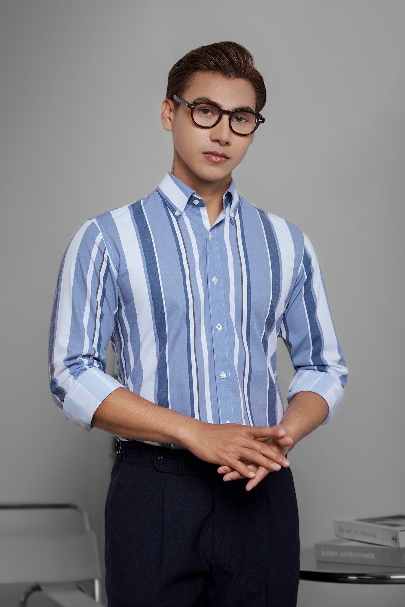 ÁO SƠ MI TAY DÀI, XANH KẺ SỌC - SNTTK0044