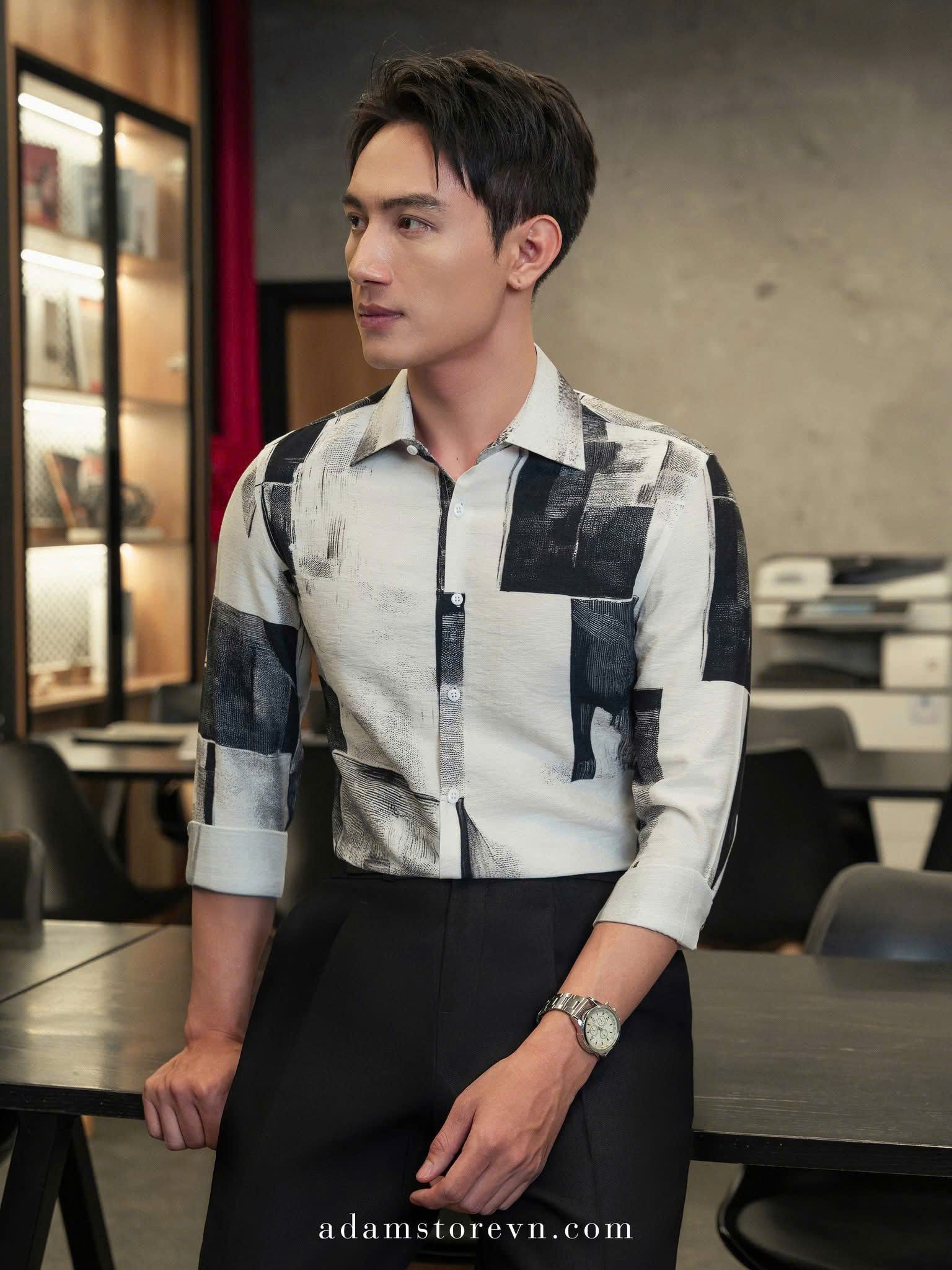  Sơ mi trắng đen họa tiết SMC177 (48-56) - 48 