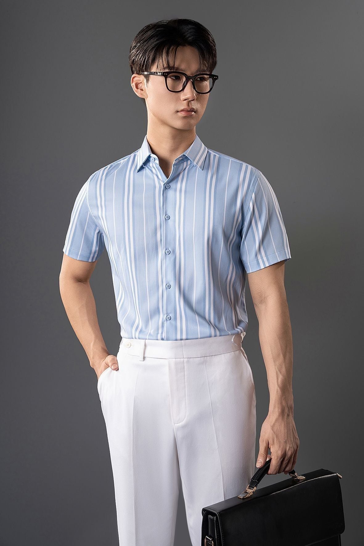 ÁO SƠ MI CỘC TAY, XANH SỌC - SNC038