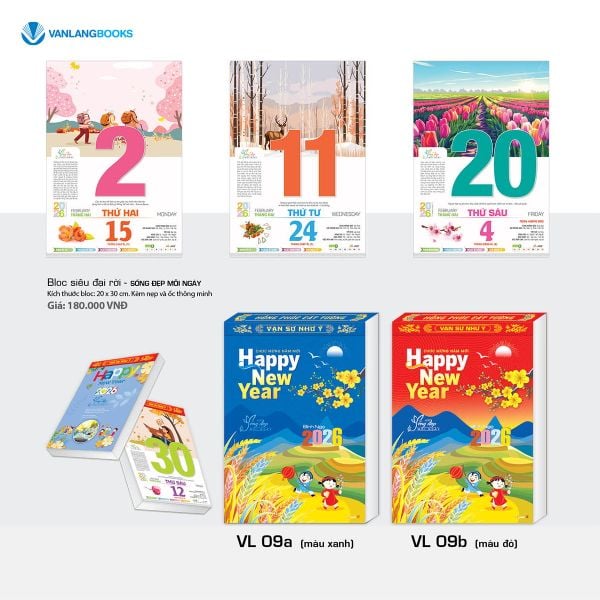 Lịch 2026 Bloc Siêu Đại Rời – Sống Đẹp Mỗi Ngày | Lịch Tết Treo Tường Vanlangbooks | Mã: VL09a Xanh