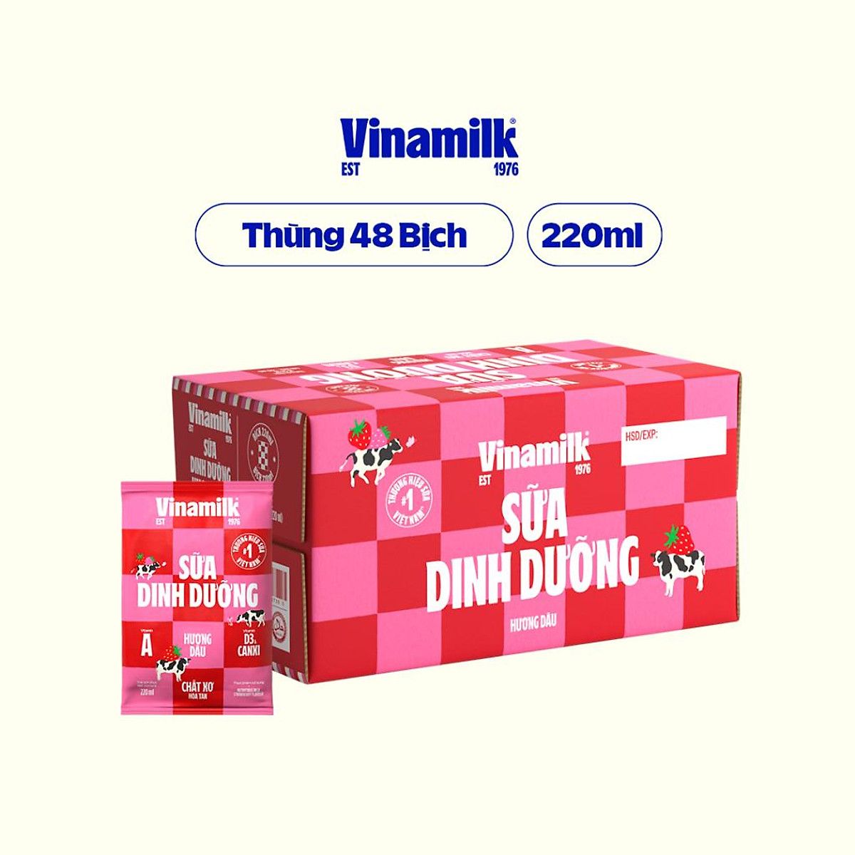 Thùng 48 Bịch Sữa Tươi Tiệt Trùng Vinamilk Dâu 220ml 