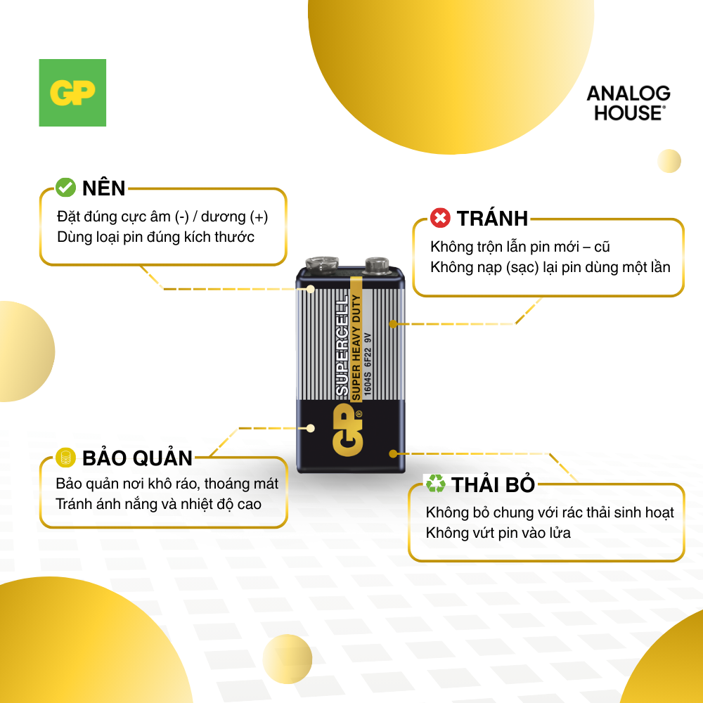 Pin GP Supercell pin vuông 9V | 1604S | 6F22 | 6LR61 | PP3
