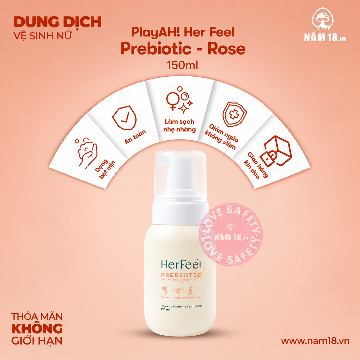  Dung Dịch Vệ Sinh Phụ Nữ Her Feel Prebiotic Rose Kháng Viêm Khử Mùi 