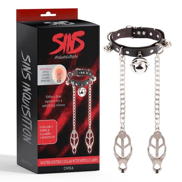  Vòng Cổ Da Kèm Xích Kẹp Ti SINS Inquisition Master Control 2in1 