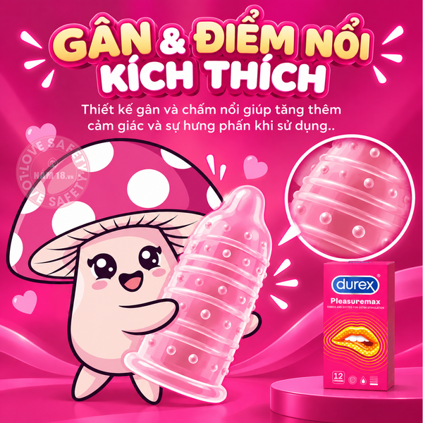 Bao Cao Su Size Lớn 56mm Durex Pleasuremax Gân Và Điểm Nổi - Hộp 12 Cái
