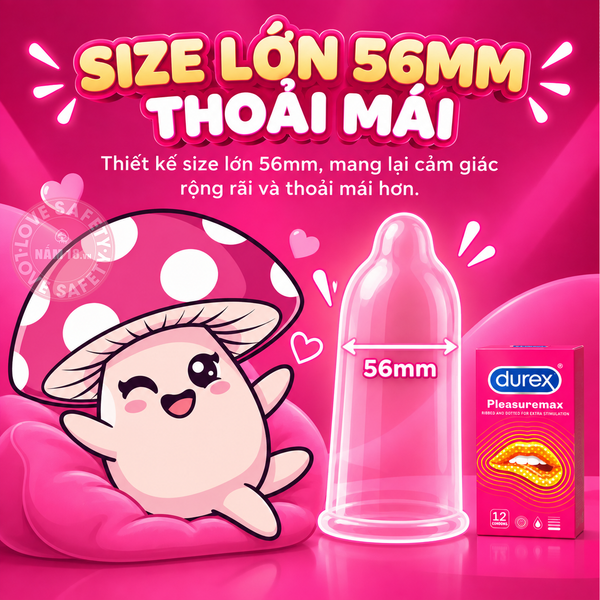 Bao Cao Su Size Lớn 56mm Durex Pleasuremax Gân Và Điểm Nổi - Hộp 12 Cái