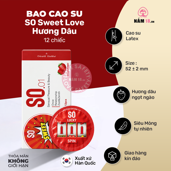  Bao Cao Su Hương Dâu SO Sweet Love - Hộp 12 Cái 