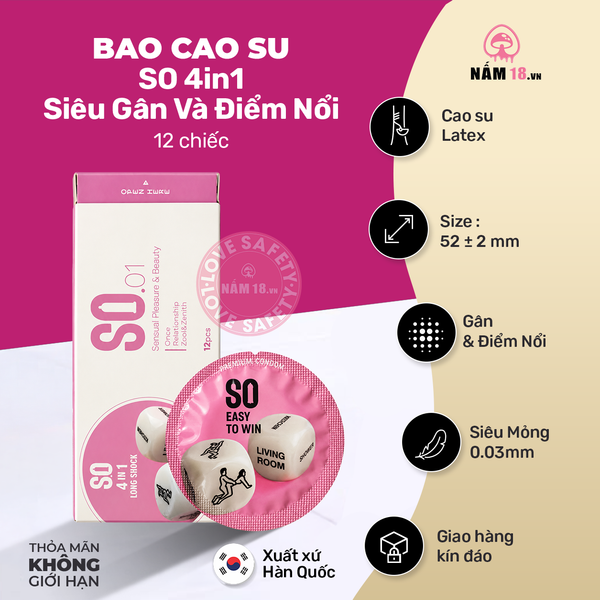  Bao Cao Su SO 4in1 Siêu Gân Và Điểm Nổi - Hộp 12 Cái 