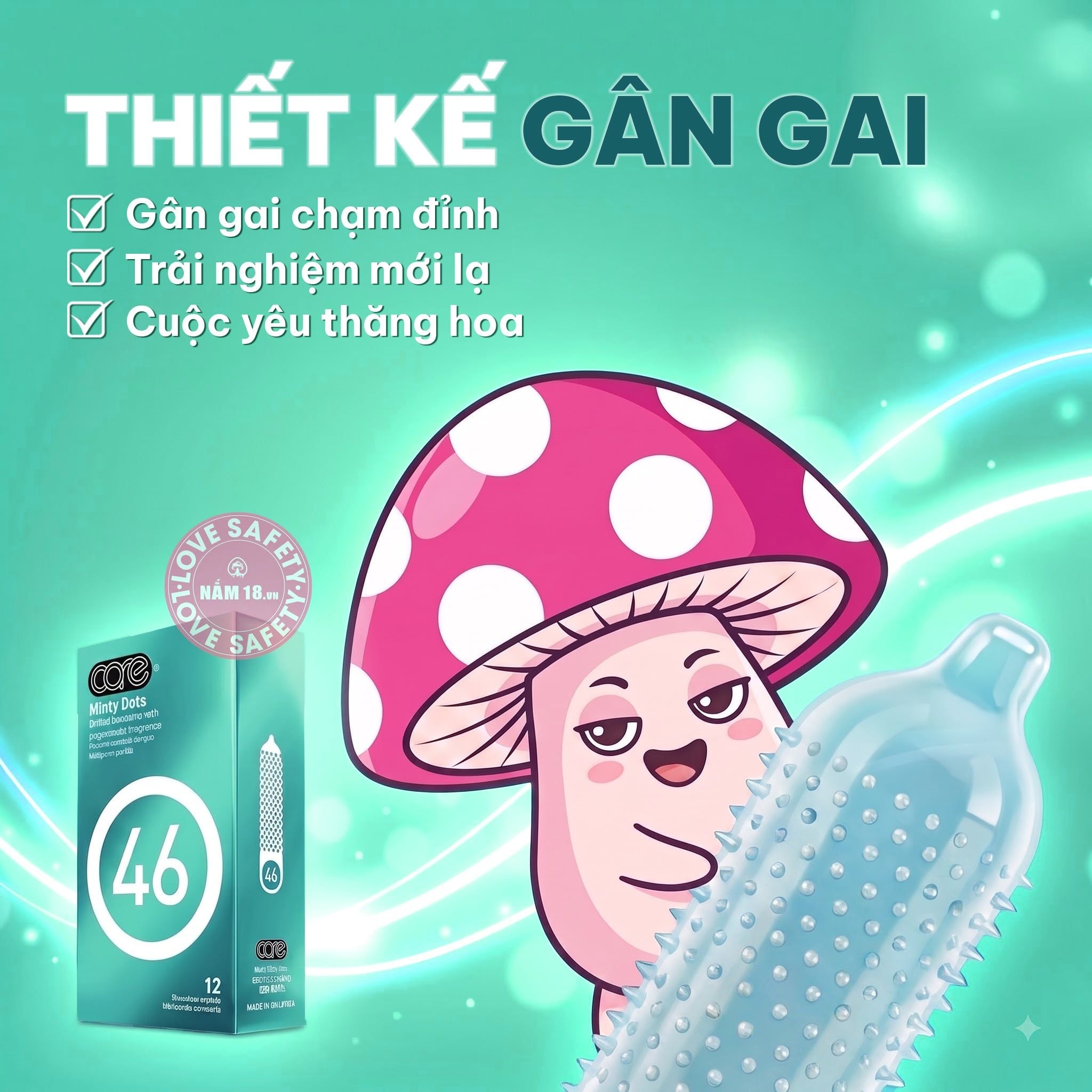  Bao Cao Su Kéo Dài Thời Gian CARE 46 Minty Dots Hương Bạc Hà 