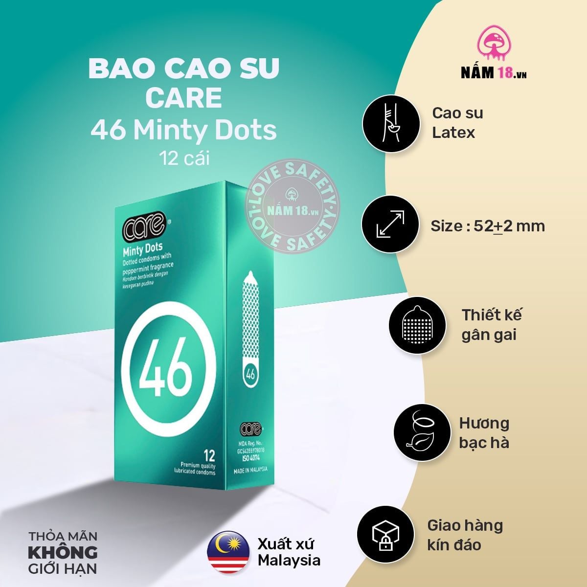  Bao Cao Su Kéo Dài Thời Gian CARE 46 Minty Dots Hương Bạc Hà 