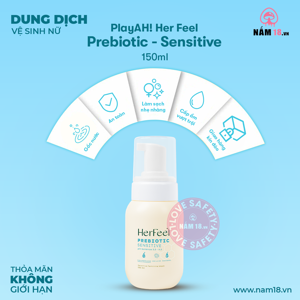  Dung Dịch Vệ Sinh Phụ Nữ Her Feel Prebiotic Sensitive HA Làm Sạch Cấp Ẩm 