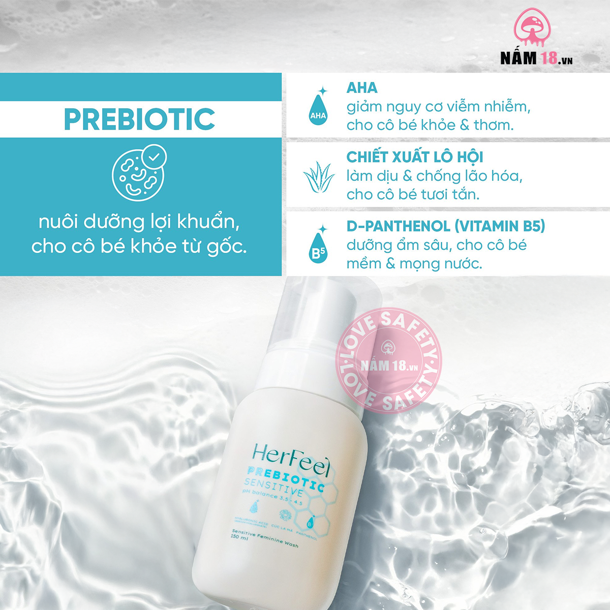  Dung Dịch Vệ Sinh Phụ Nữ Her Feel Prebiotic Sensitive HA Làm Sạch Cấp Ẩm 