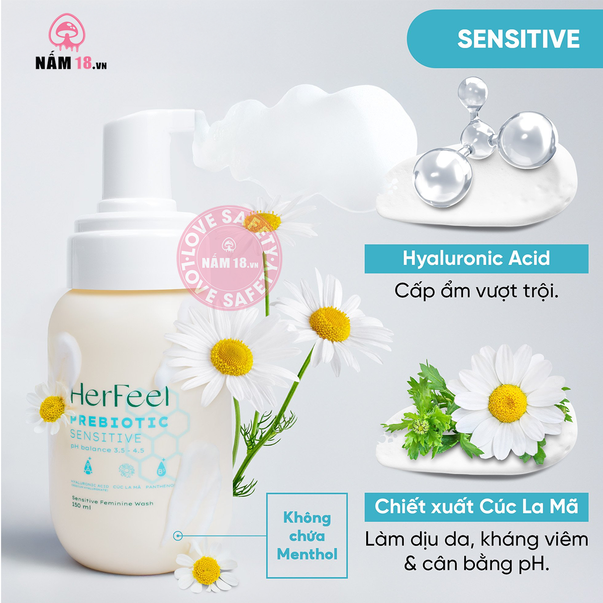  Dung Dịch Vệ Sinh Phụ Nữ Her Feel Prebiotic Sensitive HA Làm Sạch Cấp Ẩm 