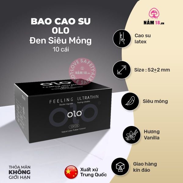 Bao Cao Su OLO Đen Siêu Mỏng, Hương Vani - Hộp 10 Cái
