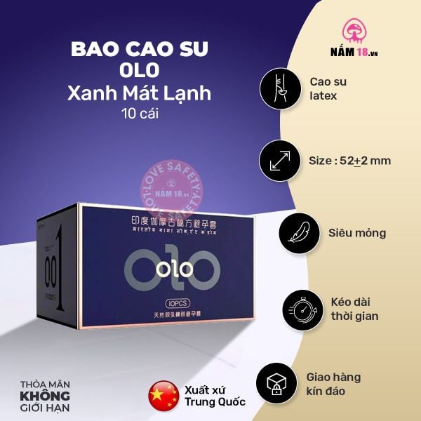 Bao Cao Su Kéo Dài Thời Gian, Mát Lạnh Olo Xanh - Hộp 10 Cái