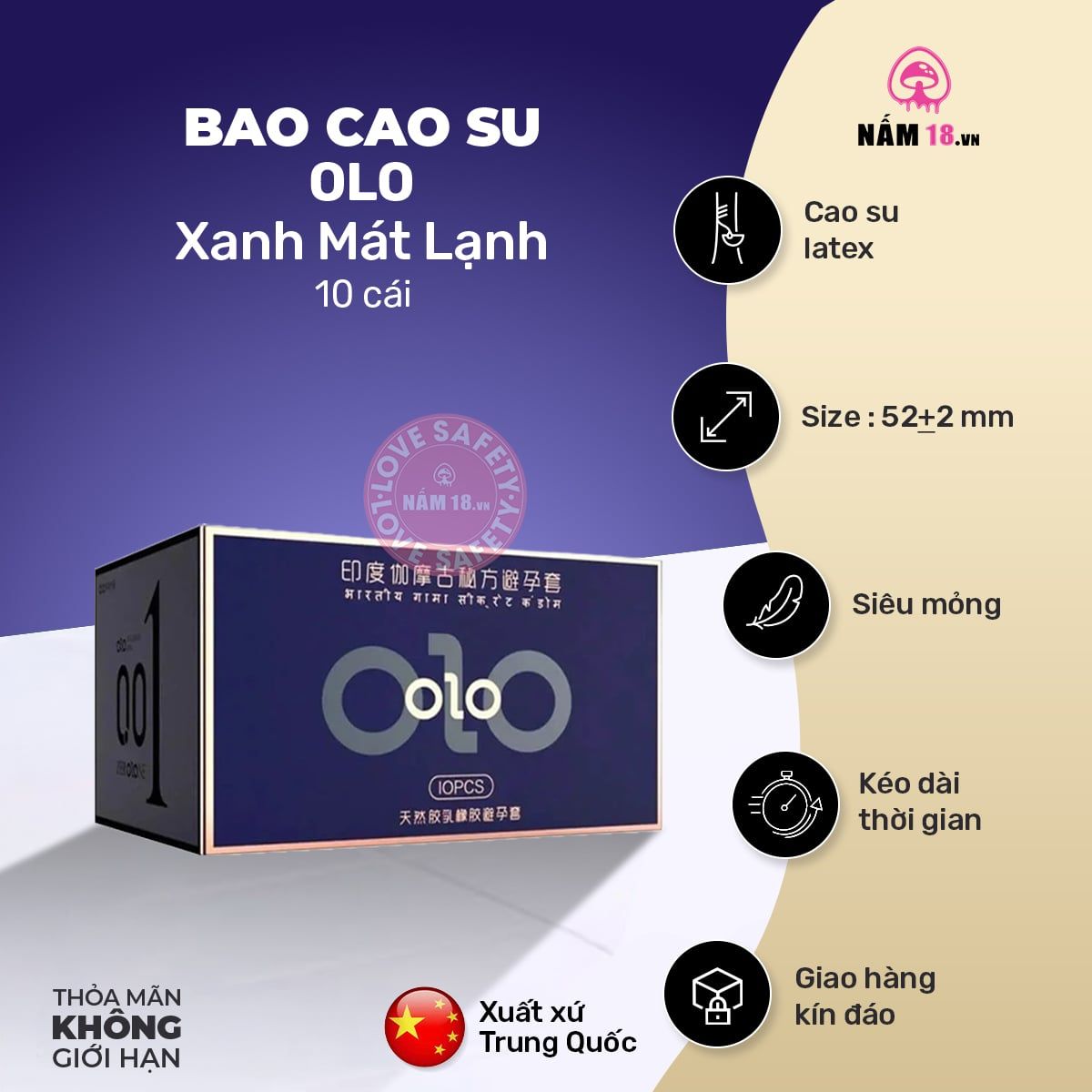  Bao Cao Su Kéo Dài Thời Gian, Mát Lạnh Olo Xanh - Hộp 10 Cái 