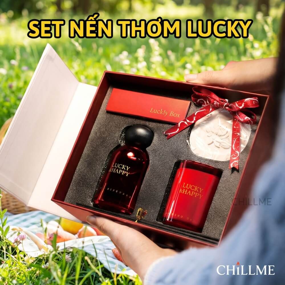  Set quà tặng nến thơm Lucky Happy thơm phòng kèm túi quà sinh nhật người yêu kèm thiệp tinh tế 