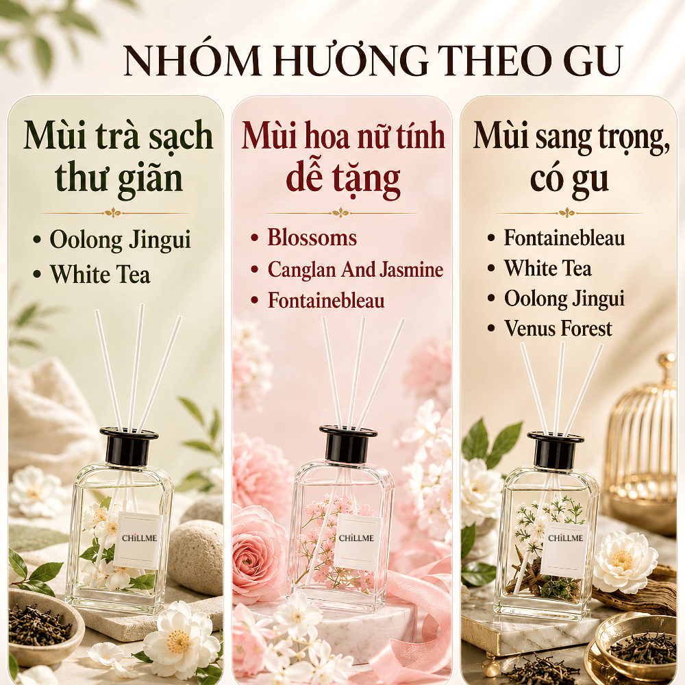  Tinh dầu khuếch tán cắm que 200ml Chillme thơm phòng khử mù decor hoa 