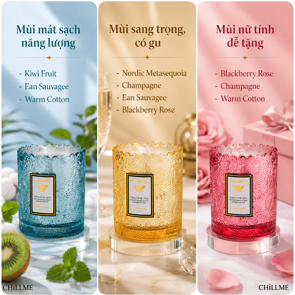  Nến thơm phòng mạ màu lấp lánh Chillme sáp đậu nành hương nước hoa 