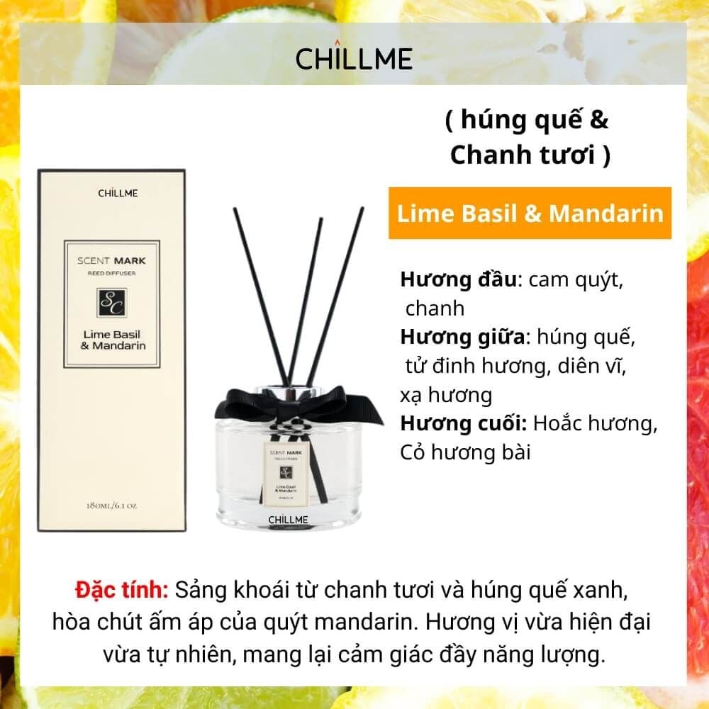  Tinh dầu thơm phòng hương nước hoa 180ml Chillme cắm que tỏa hương khử mùi lâu Reed Diffuser trang trí 