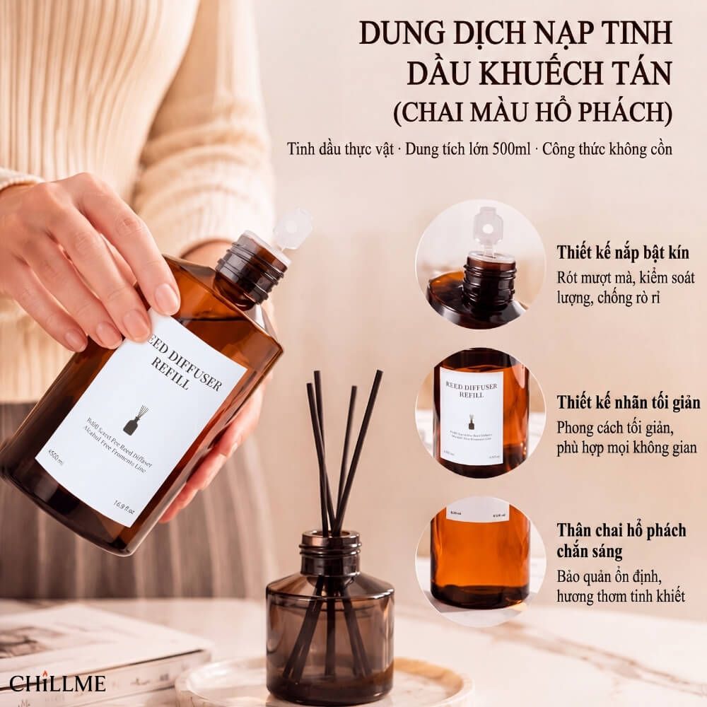  Tinh dầu nước hoa chai lớn 280ml bổ sung refill thay thế tán hương thơm phòng Chillme 
