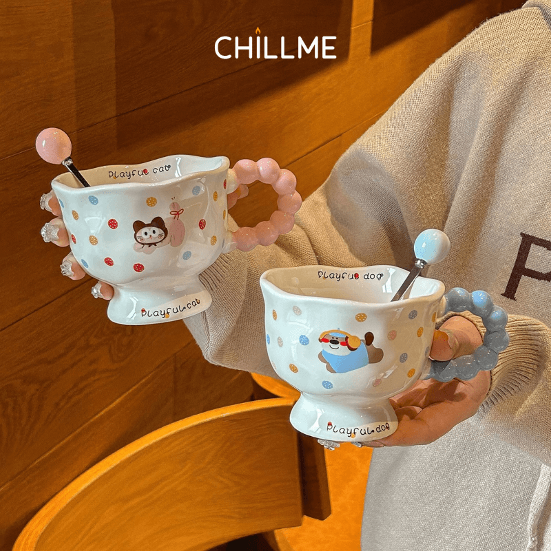  Cốc uống nước cute Gốm Sứ Hình Chú Mèo Cún  Dễ Thương Tay Cầm Kiểu Mới Có Thìa Kèm Hộp Quà Tặng Sinh Nhật Tinh Tế -  LSCM01 